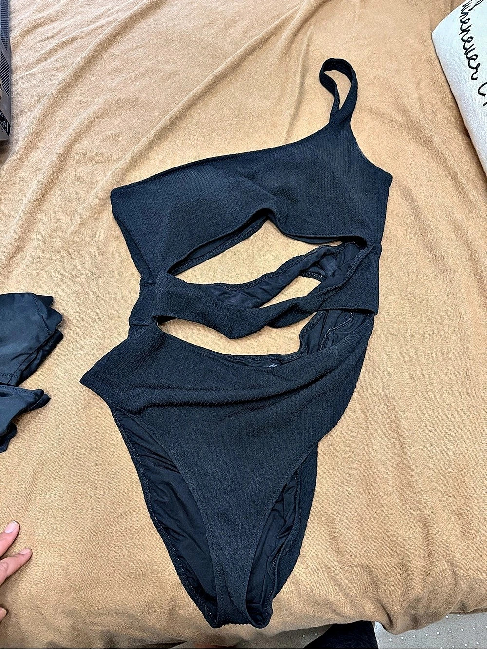 Aerie Crinkle Cut Out One Shoulder One Piece Swimsuit Black One-Piece Swimsuit